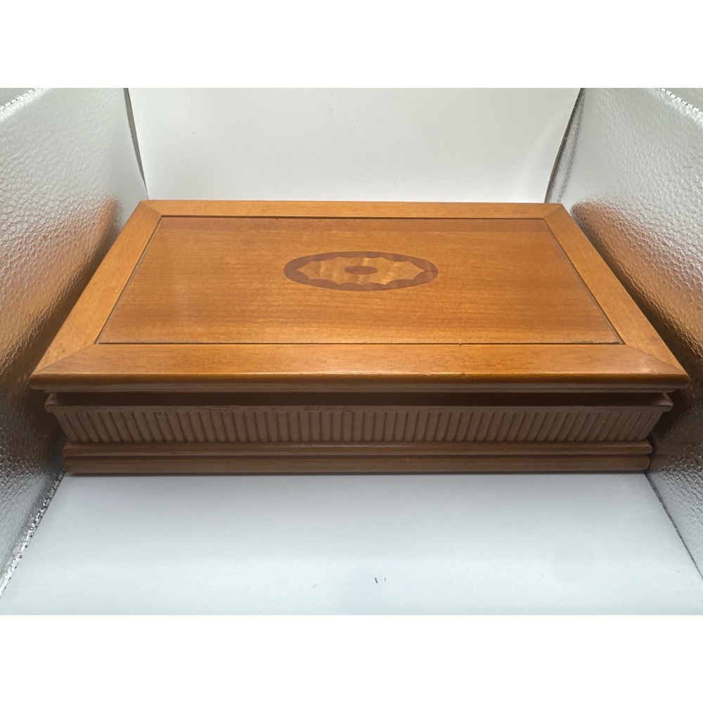 Vintage Wooden Jewelry Box Marquetry Inlay Fluted Base Red Velvet Lining 12in